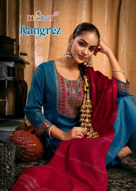 Rangrez By Meher Dobby Embroidery Wholesale Kurti With Bottom Dupatta In India